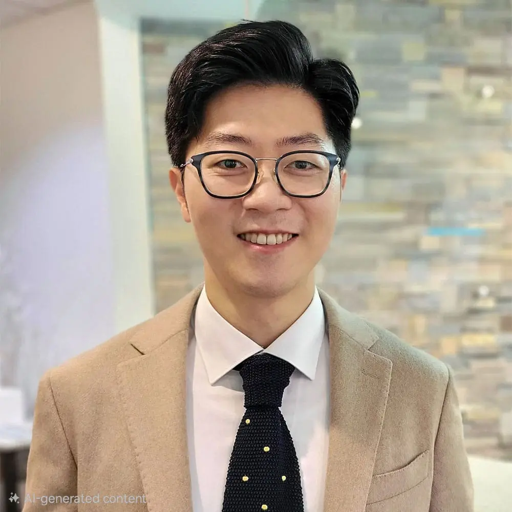 Dr. Nick Kim with short black hair and glasses in a beige suit, at Forsyth Pediatric Dentistry and Orthodontics in Cumming, GA.