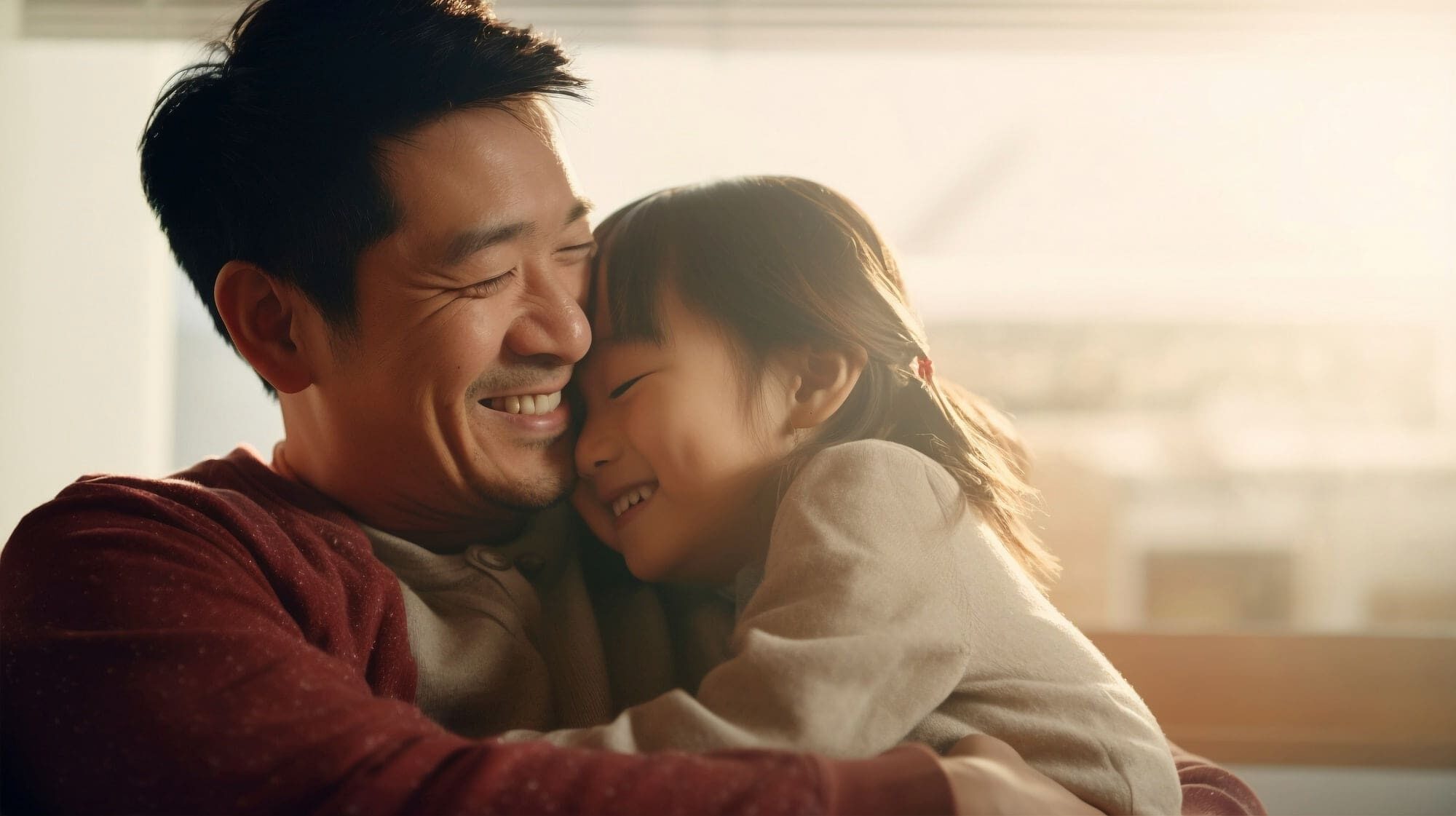 Smiling with metal braces, an adult and child hug at Pediatric Dentistry and Orthodontics of Forsyth - Cumming in Cumming, GA indoors.